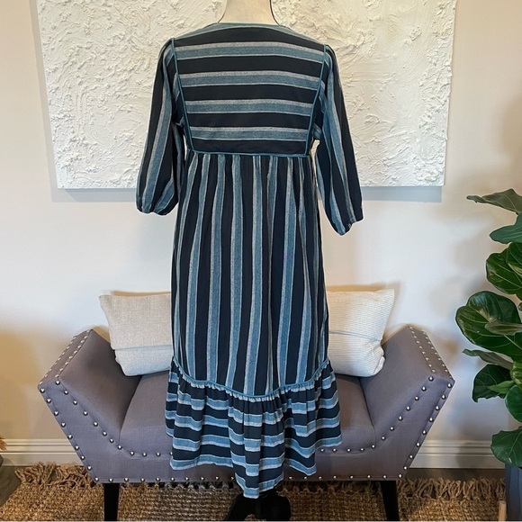 Saint Geraldine Polly Jean Midi Dress Stripes Pockets Flounce Hem Aqua Blue Sz S - Picture 7 of 9